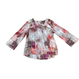 One World Boho Sheer Overlay Bling Neckline Flare Sleeve Top SZ Petite L